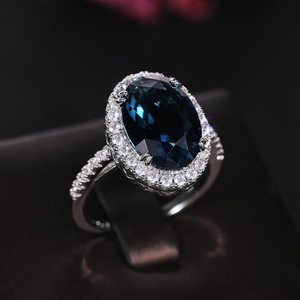 😍Noble Hollow Anillos Super Large Oval Pure Royal Blue CZ Silver Ring, L263 - Picture 3 of 9